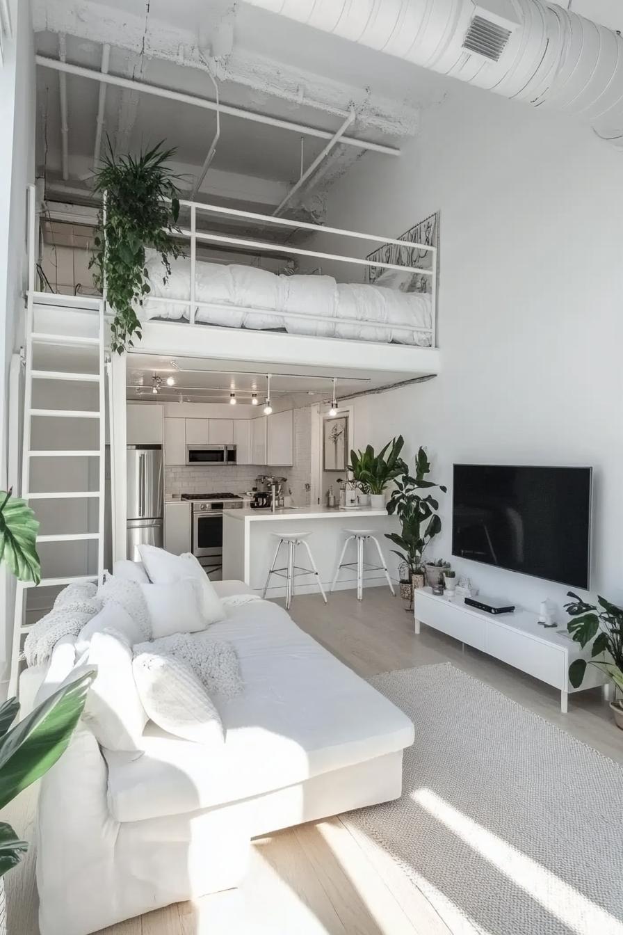 modern lofted apartment with white walls and ceiling white ladder leads to a lofted bedroom ded in white bedding houseplants by the bed downstairs 1