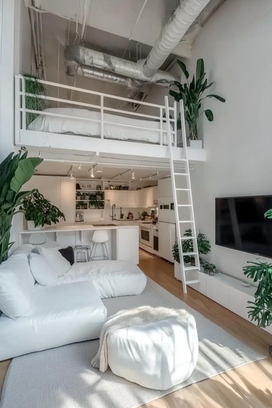 modern lofted apartment with white walls and ceiling white ladder leads to a lofted bedroom ded in white bedding houseplants by the bed downstairs 2