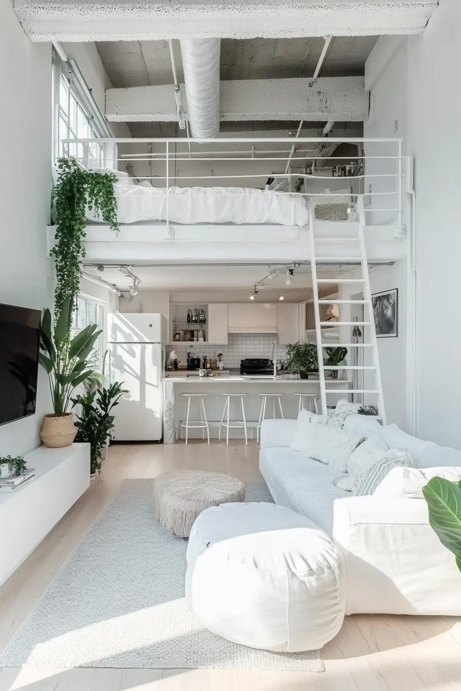 modern lofted apartment with white walls and ceiling white ladder leads to a lofted bedroom ded in white bedding houseplants by the bed downstairs