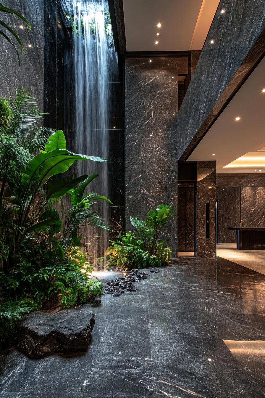 modern luxury dark marble house atrium with garden and faux indoor waterfall 1