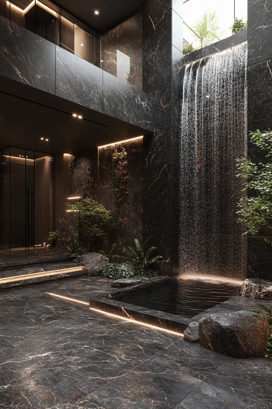 modern luxury dark marble house atrium with garden and faux indoor waterfall 2