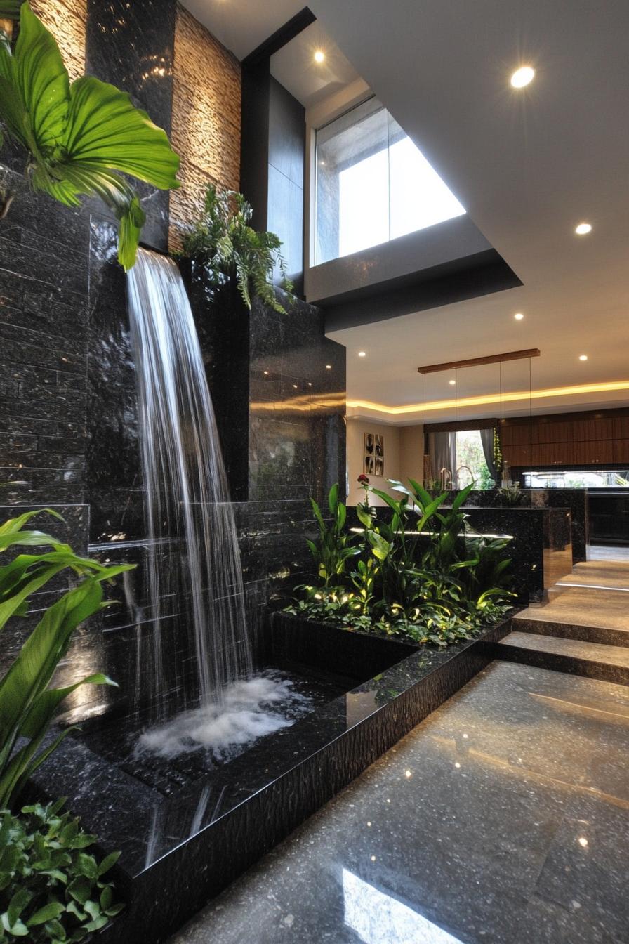 modern luxury dark marble house atrium with garden and faux indoor waterfall