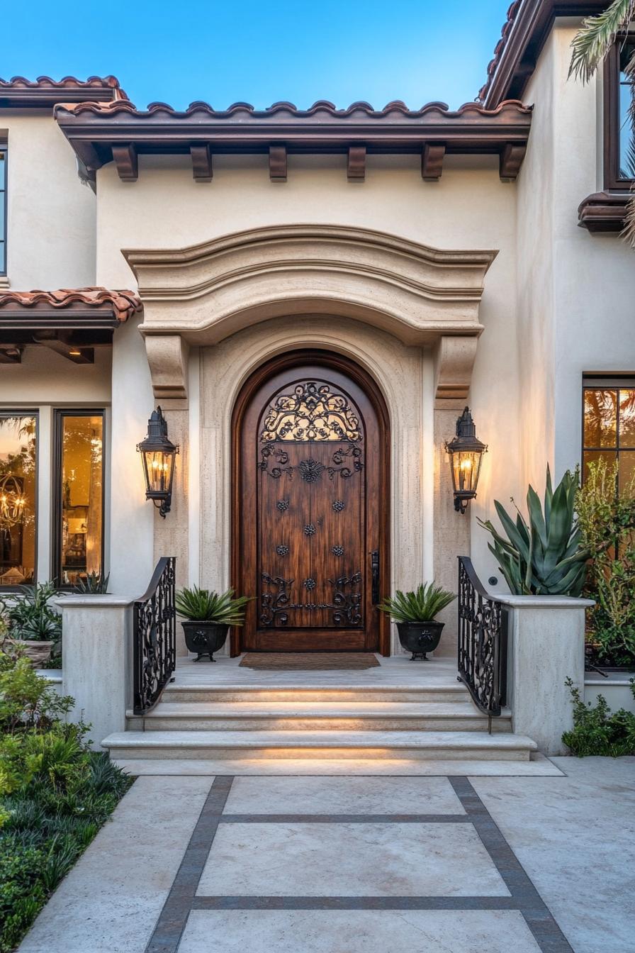 modern mediterranean revival architecture home carved wood front door with wrought iron detail 1