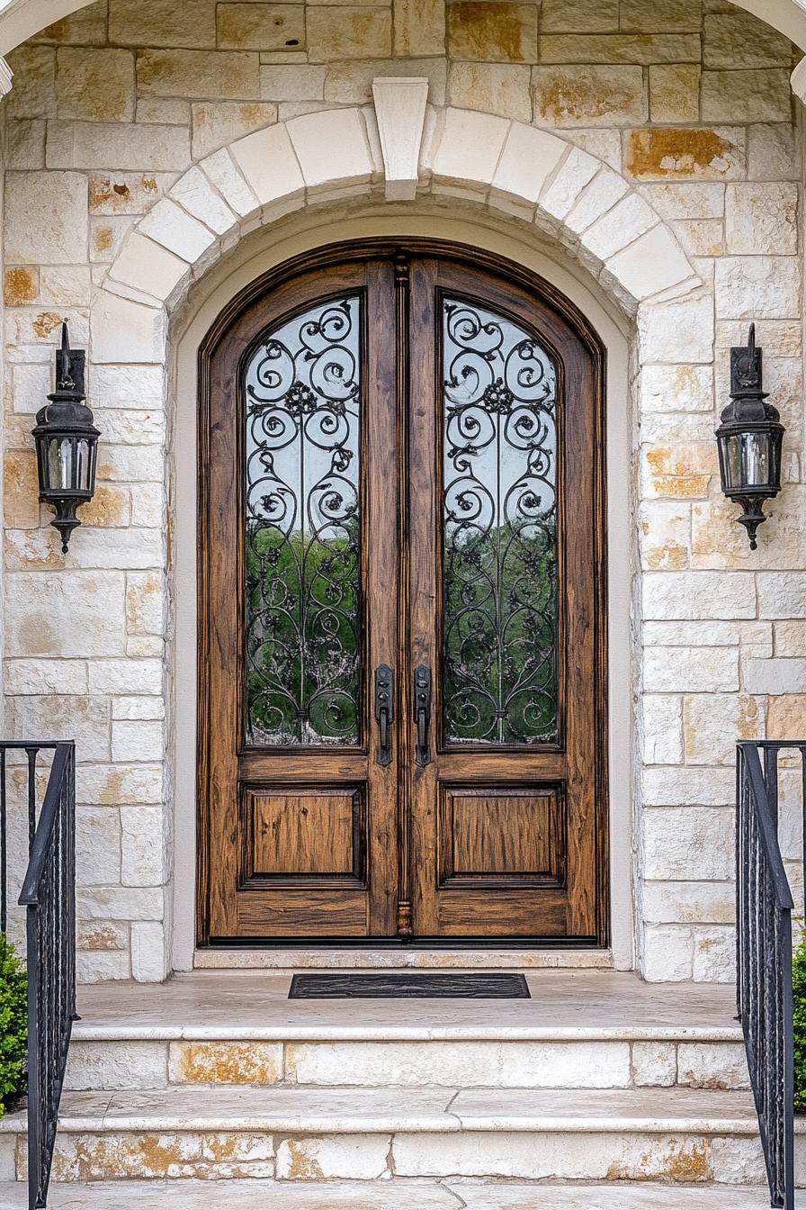 modern mediterranean revival architecture home carved wood front door with wrought iron detail 2