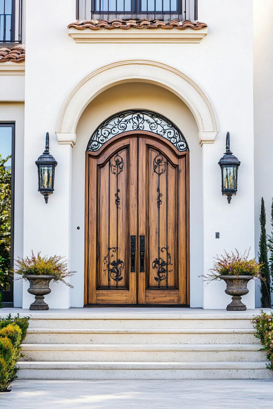 modern mediterranean revival architecture home carved wood front door with wrought iron detail 3