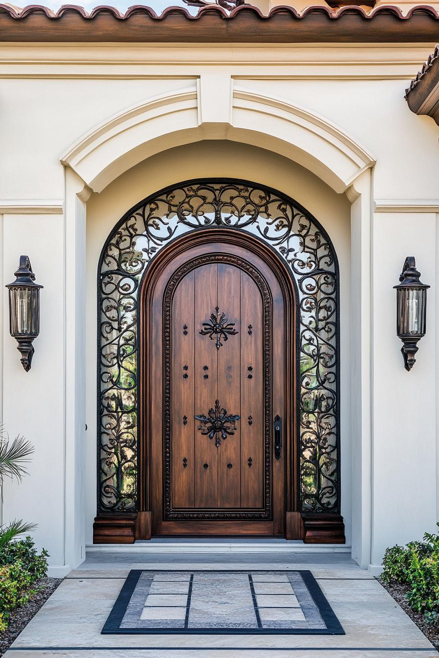 modern mediterranean revival architecture home carved wood front door with wrought iron detail