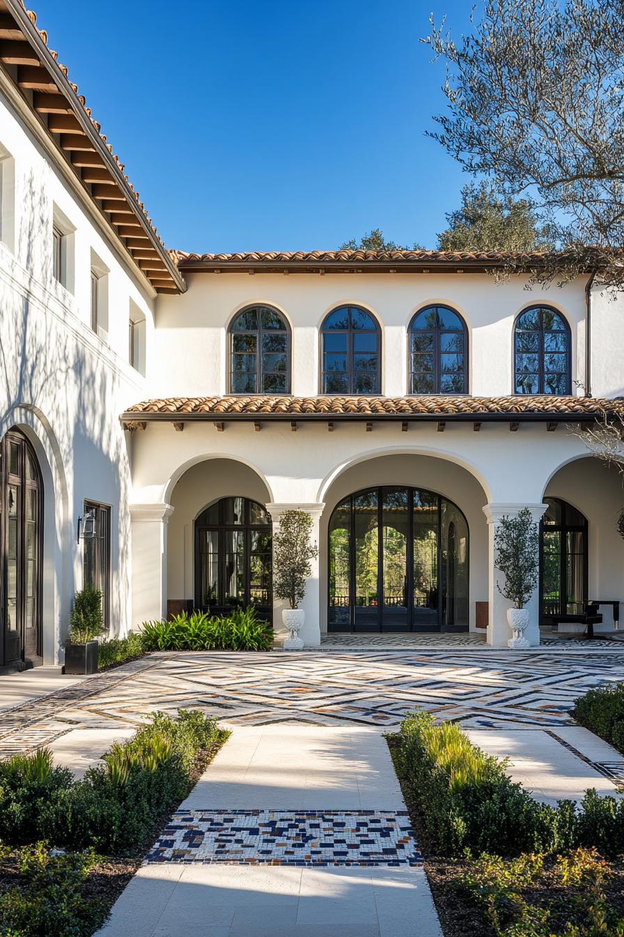 modern mediterranean villa with arches and barrel tile roof front courtyard paved in mosaics and has geometric shrubs 1