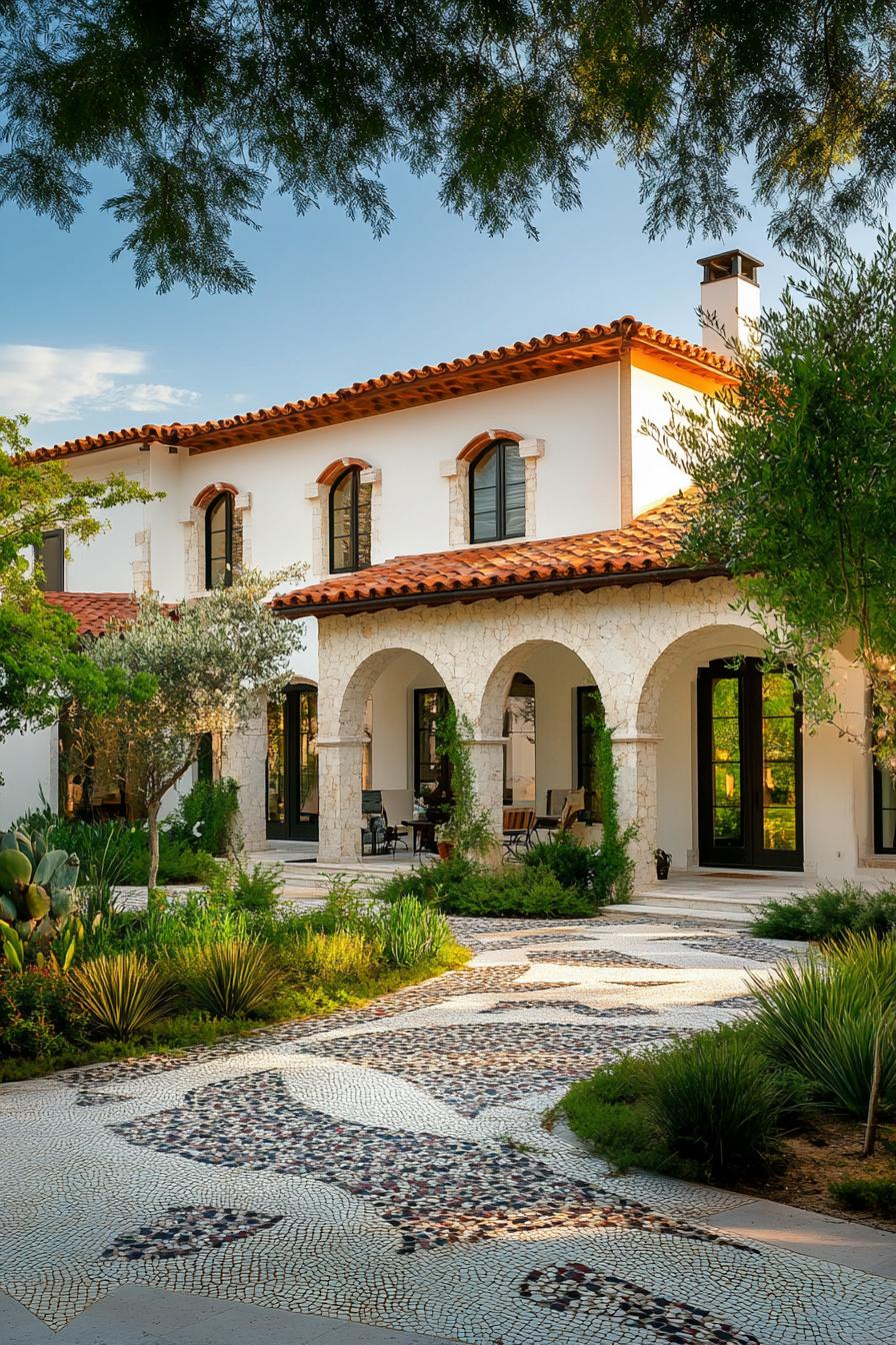 modern mediterranean villa with arches and barrel tile roof front courtyard paved in mosaics and has geometric shrubs 2