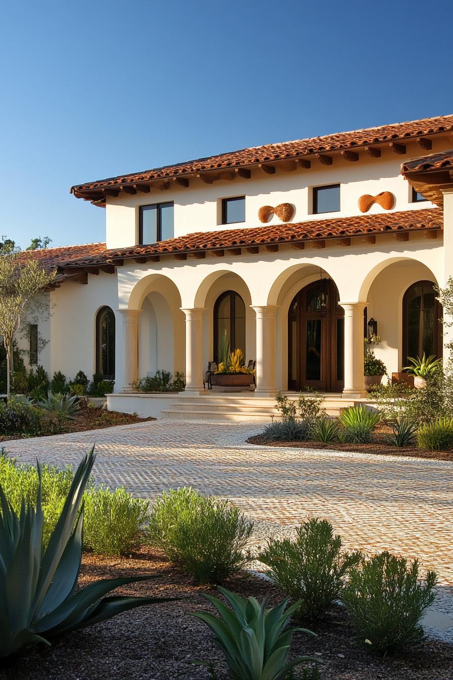 modern mediterranean villa with arches and barrel tile roof front courtyard paved in mosaics and has geometric shrubs 3