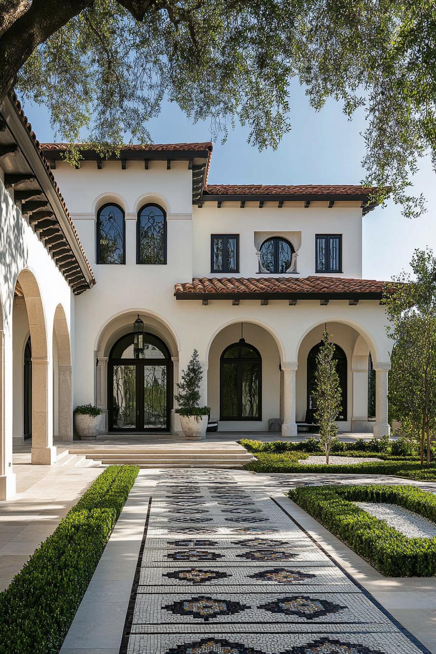 modern mediterranean villa with arches and barrel tile roof front courtyard paved in mosaics and has geometric shrubs