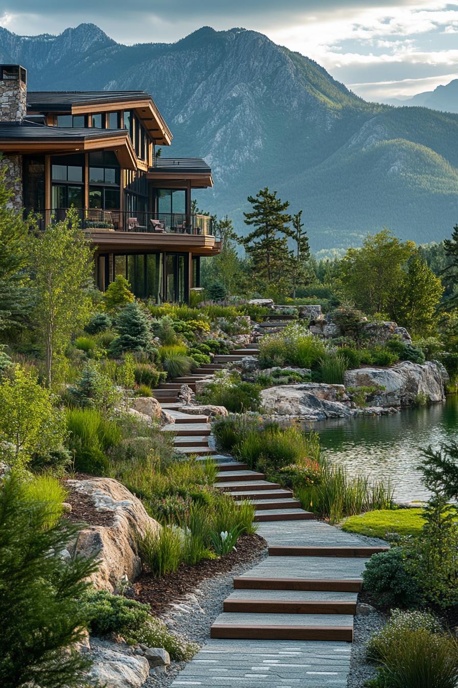 modern mountain mansion on a hill with a path down to a mountain lake with landscaping and gardens