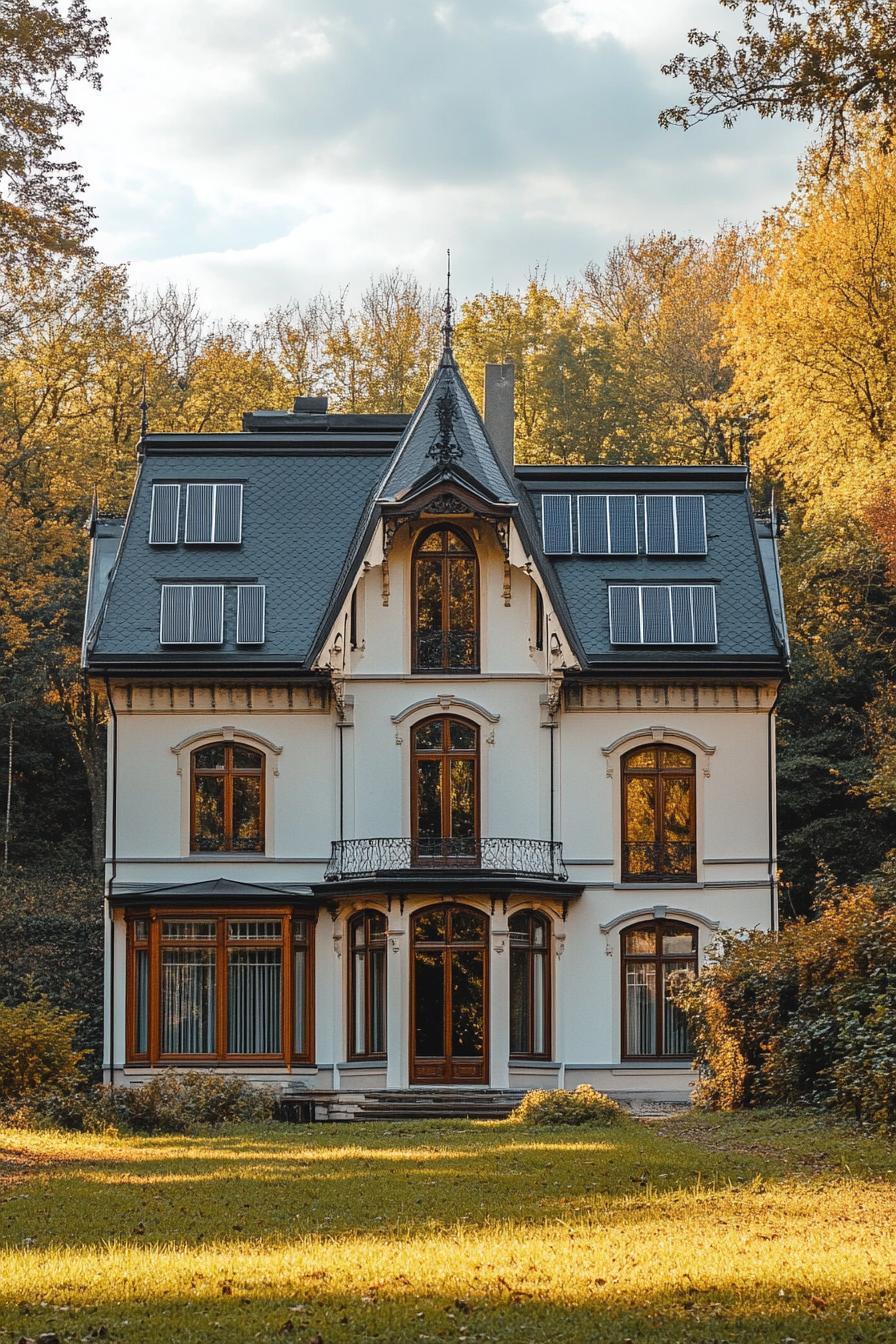 modern neo Victorian style house facade with mansard roof with solar panels countryside forests in the background 1