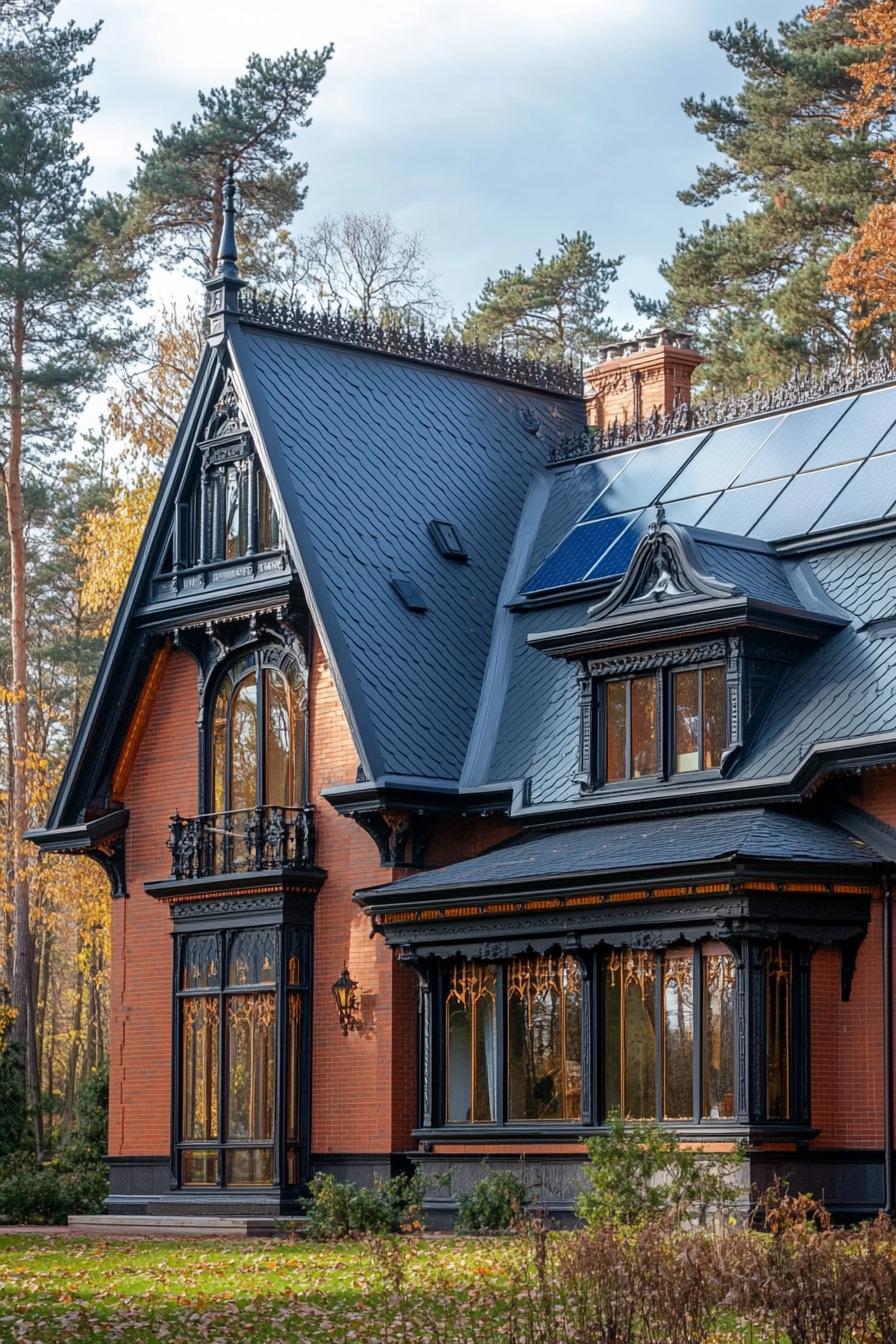 modern neo Victorian style house facade with mansard roof with solar panels countryside forests in the background 2