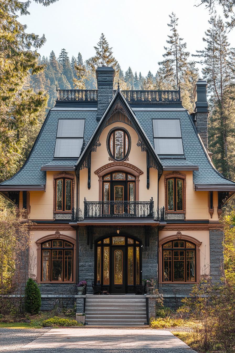 modern neo Victorian style house facade with mansard roof with solar panels countryside forests in the background 3