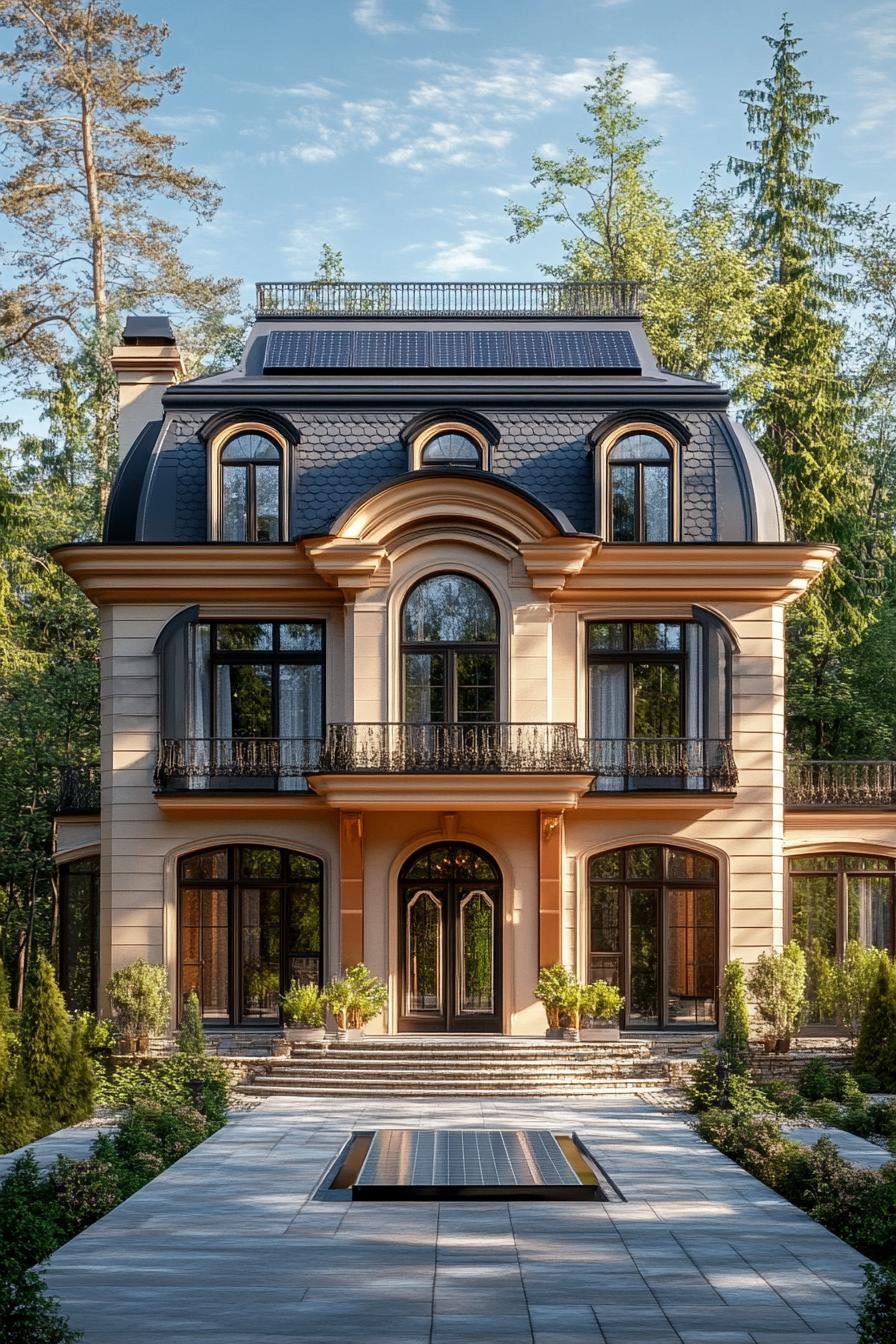 modern neo Victorian style house facade with mansard roof with solar panels countryside forests in the background