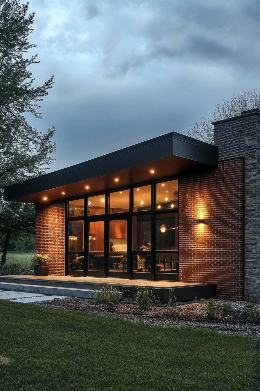 modern prefab small house elongated facade with brick veneer siding dark metal trim flat roof Scandinavian fields 1