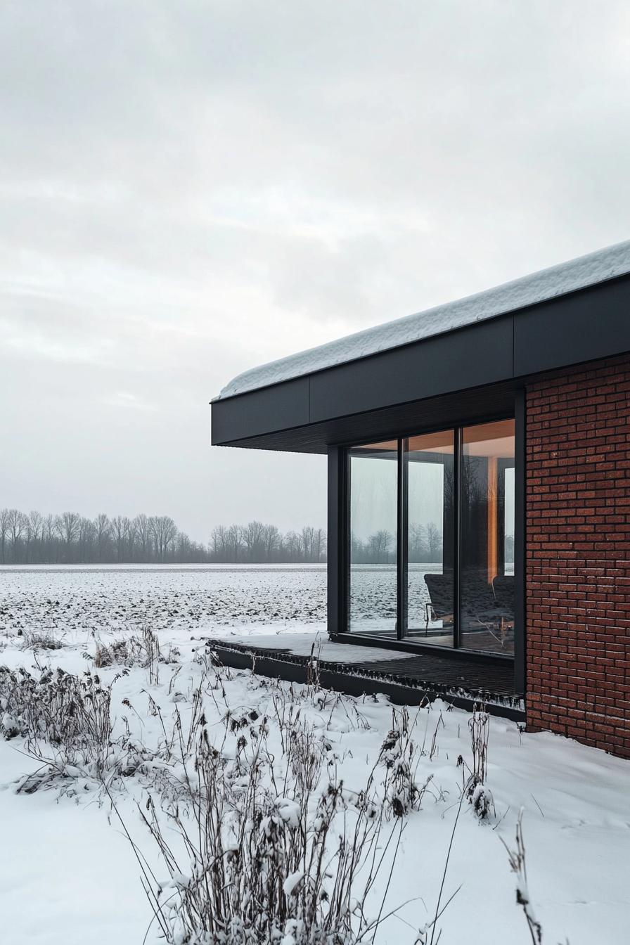 modern prefab small house elongated facade with brick veneer siding dark metal trim flat roof Scandinavian fields 3