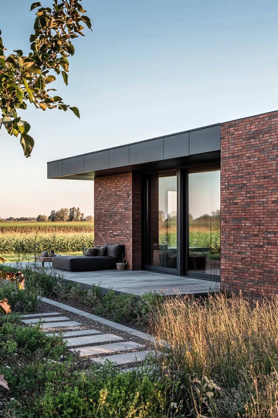 modern prefab small house elongated facade with brick veneer siding dark metal trim flat roof Scandinavian fields