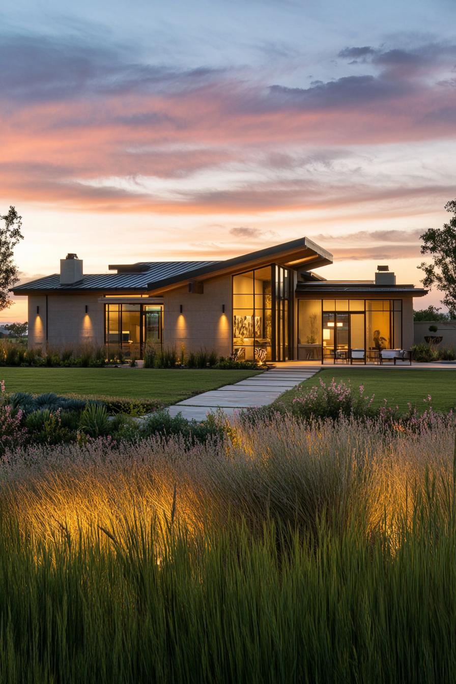 modern ranch house asymmetrical facade large American ranch fields 1