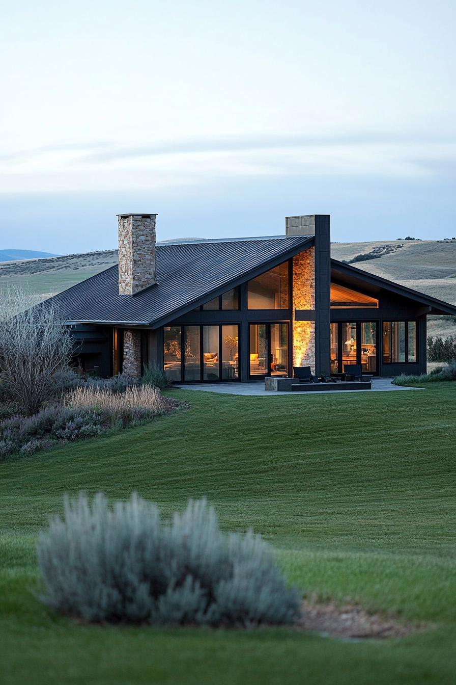 modern ranch house asymmetrical facade large American ranch fields