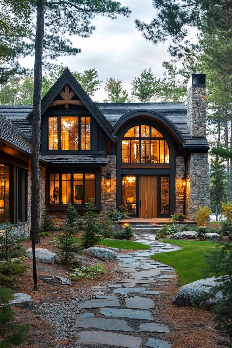 modern rustic cottage house with stone facade wood stain trim large modern windows with wood trim arched entry multi pitched shingle roof with 1