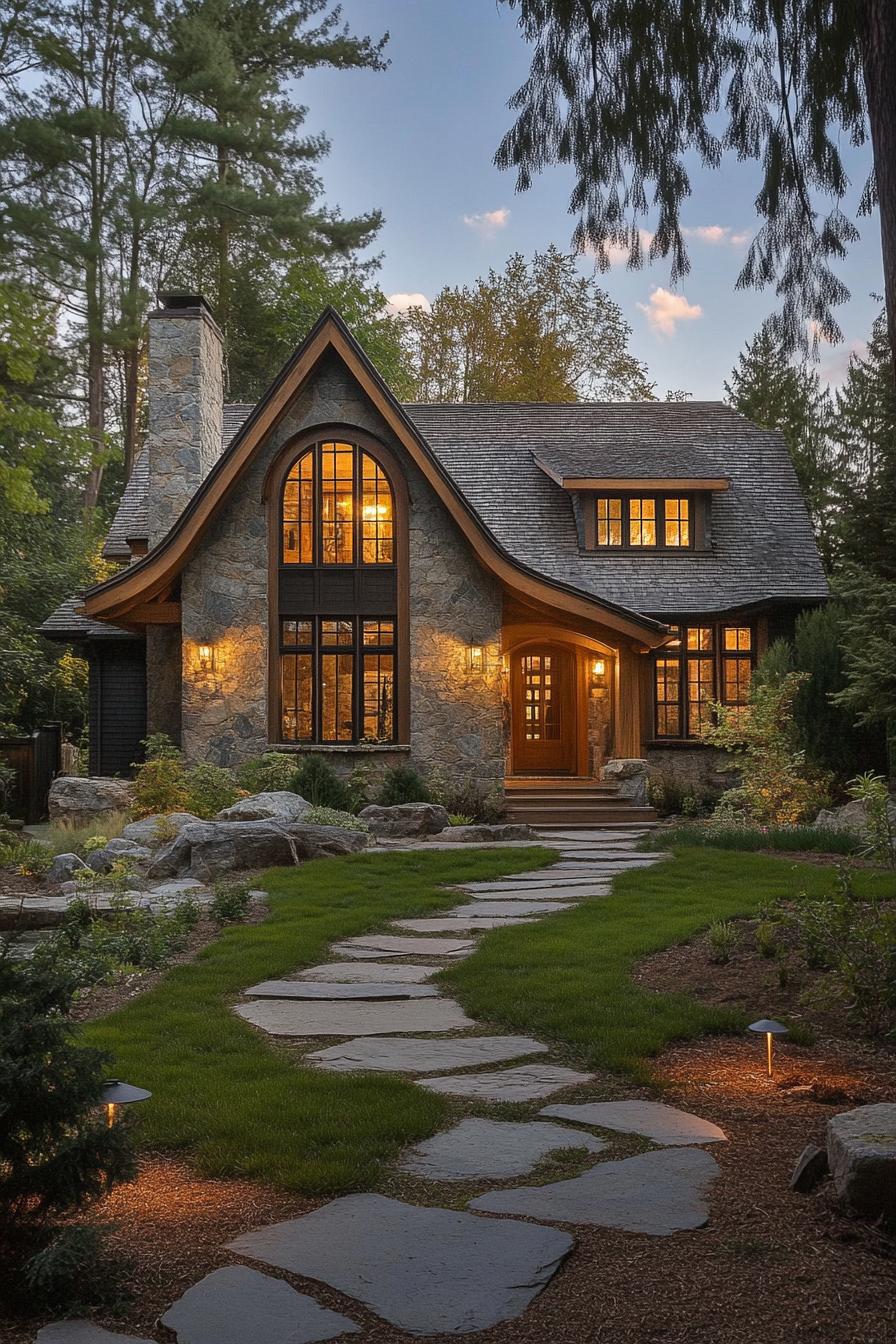 modern rustic cottage house with stone facade wood stain trim large modern windows with wood trim arched entry multi pitched shingle roof with 2