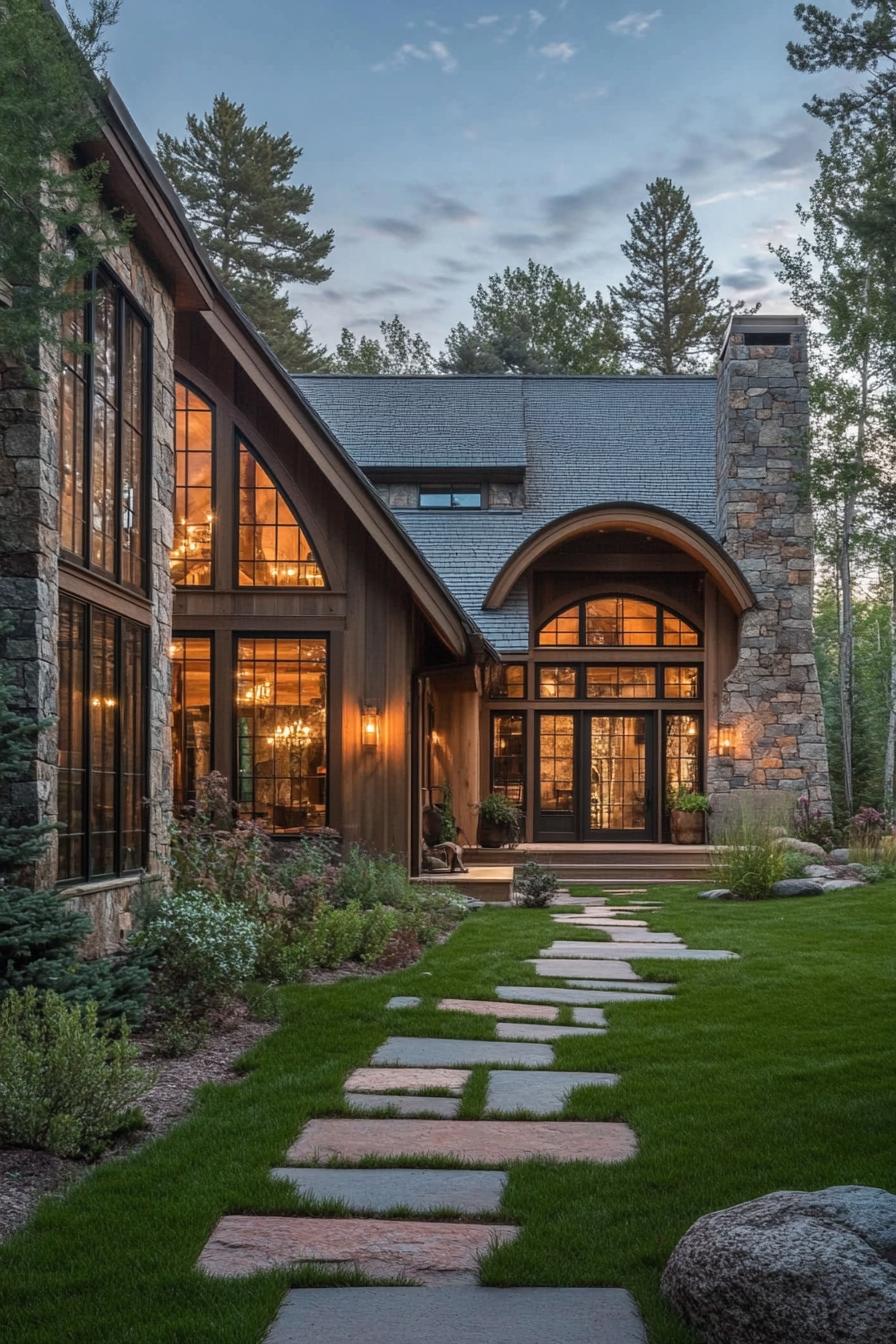 modern rustic cottage house with stone facade wood stain trim large modern windows with wood trim arched entry multi pitched shingle roof with 3