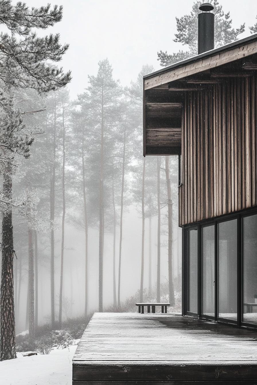 modern rustic wood house facade in aluminum framing Scandinavian misty forest 1