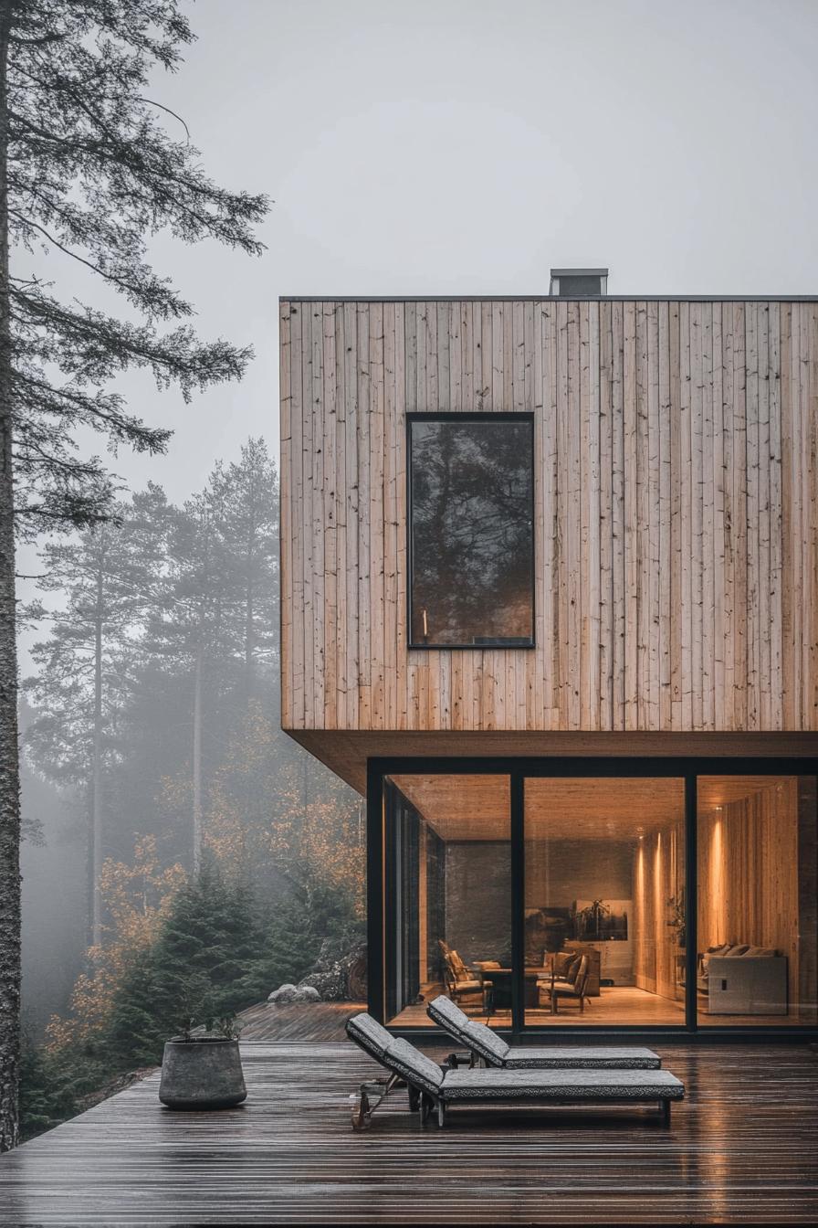 modern rustic wood house facade in aluminum framing Scandinavian misty forest 2