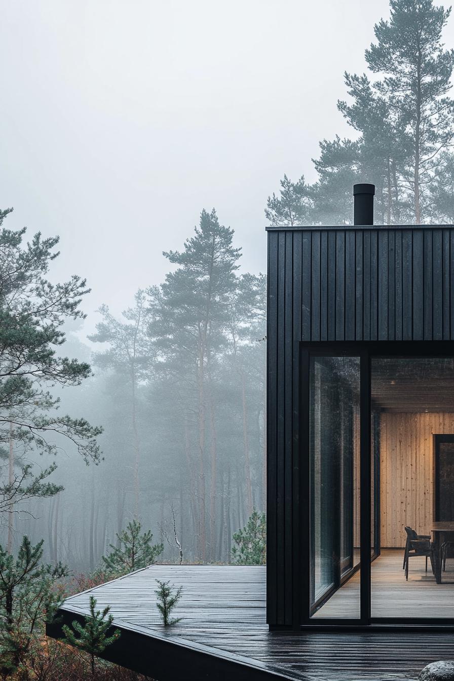 modern rustic wood house facade in aluminum framing Scandinavian misty forest 3