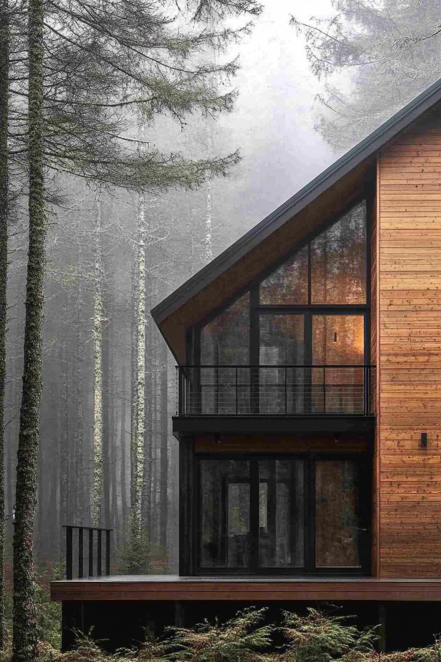 modern rustic wood house facade in aluminum framing Scandinavian misty forest