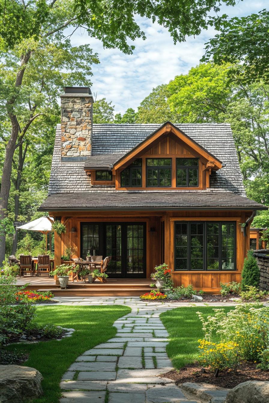 modern small cottage with wood stain siding slate shingle roof stone chimney deck with plant beds neat lawn paved path 1