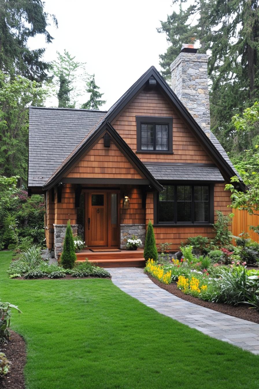 modern small cottage with wood stain siding slate shingle roof stone chimney deck with plant beds neat lawn paved path