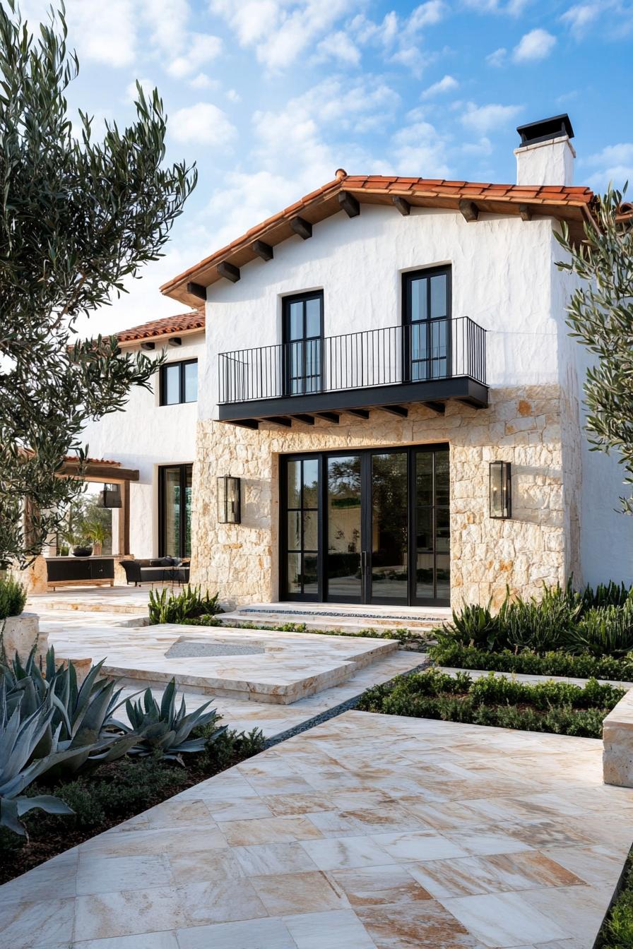 modern spanish mediterranean house first floor facade in stone siding second floor facade in stucco gable roof marble patio with geometric 1