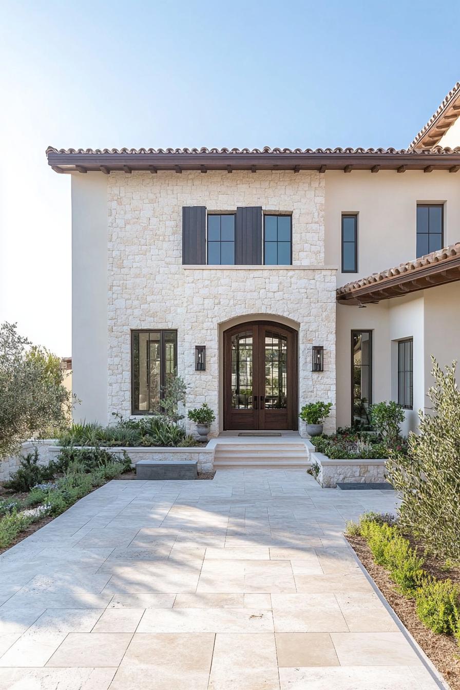 modern spanish mediterranean house first floor facade in stone siding second floor facade in stucco gable roof marble patio with geometric 2