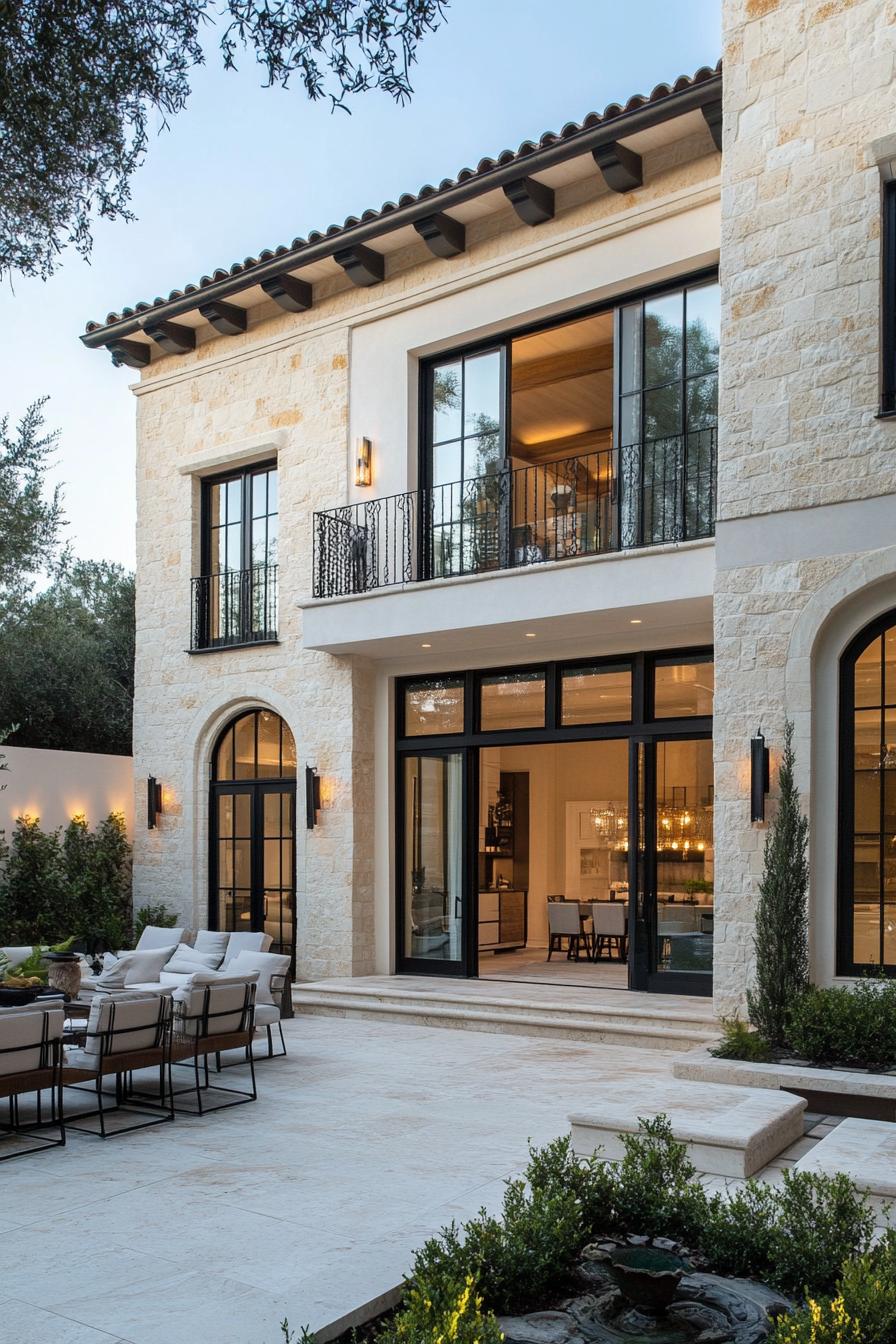 modern spanish mediterranean house first floor facade in stone siding second floor facade in stucco gable roof marble patio with geometric 3