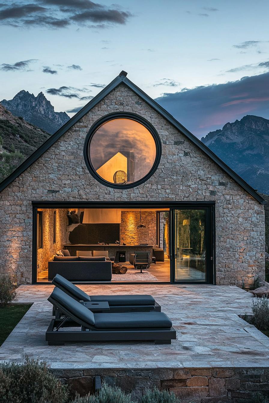 modern stone cottage with pitched roof and large round window living room visible inside outdoor paved patio with lounge chairs stunning mountains