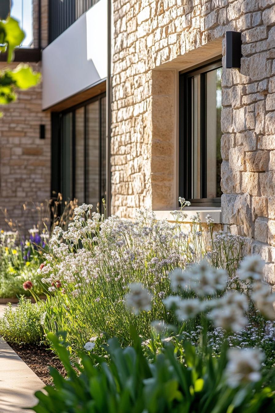 modern terrace house facade with rustic stone cladding mediterranean front garden 1