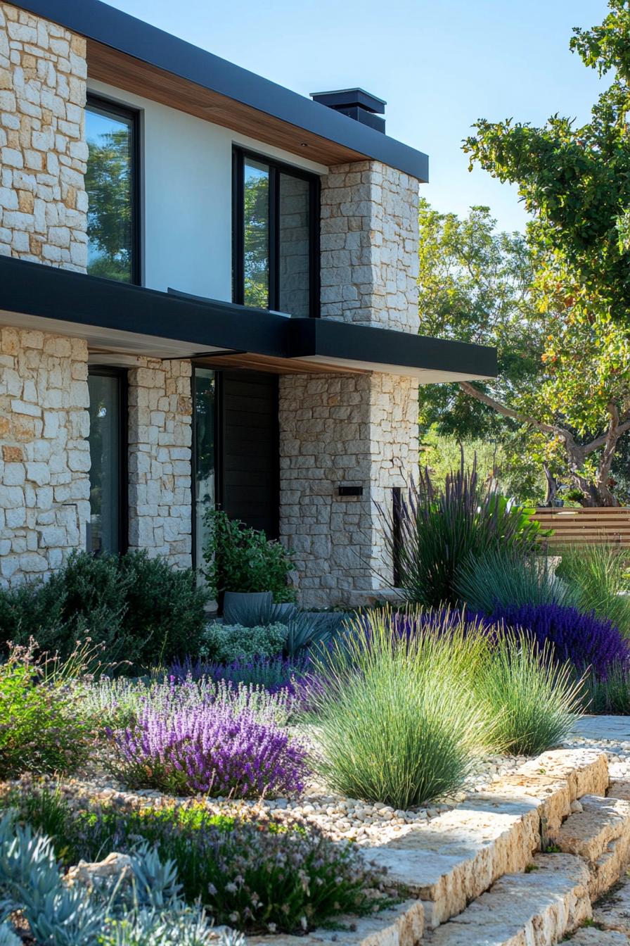 modern terrace house facade with rustic stone cladding mediterranean front garden 2