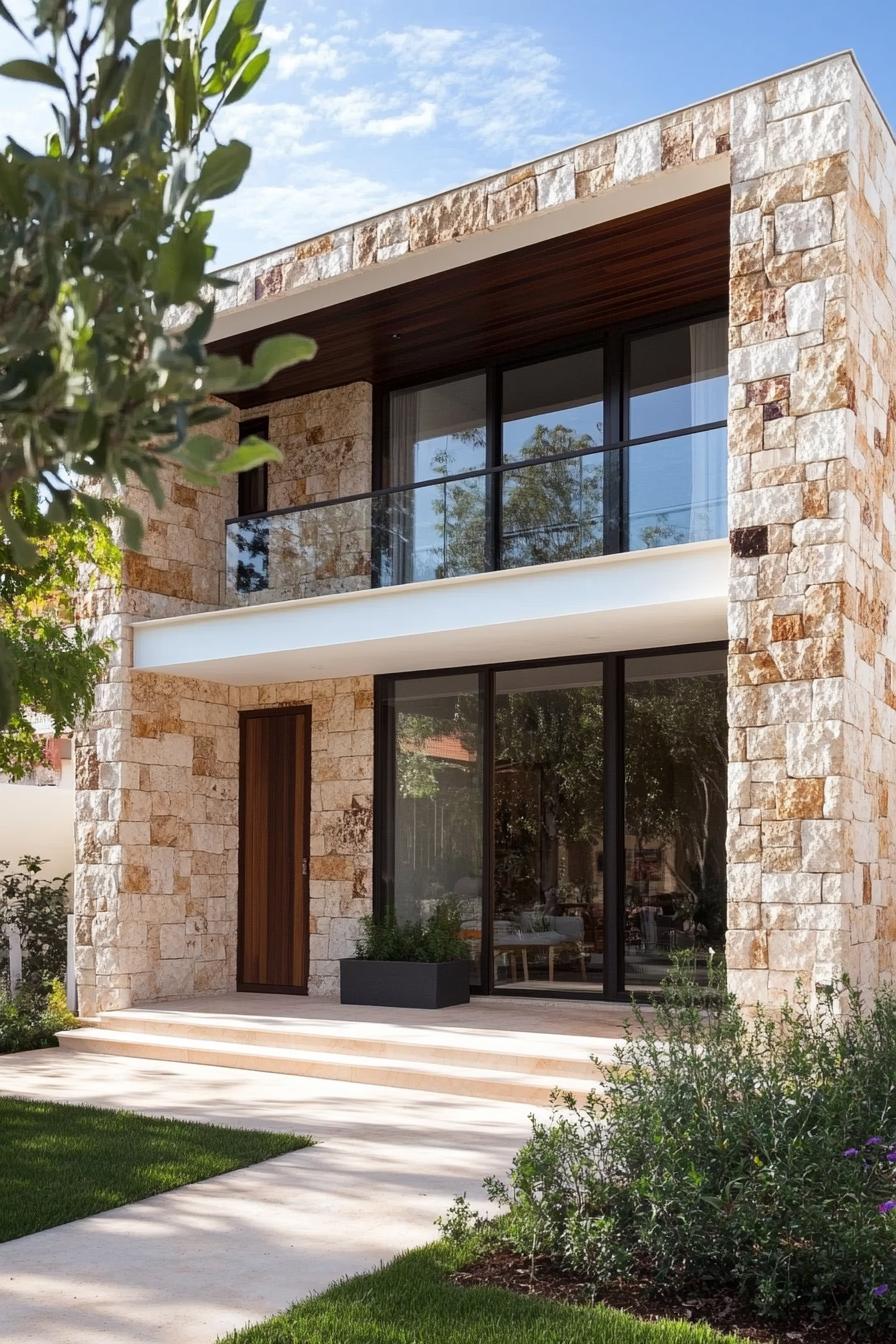 modern terrace house facade with rustic stone cladding mediterranean front garden 3