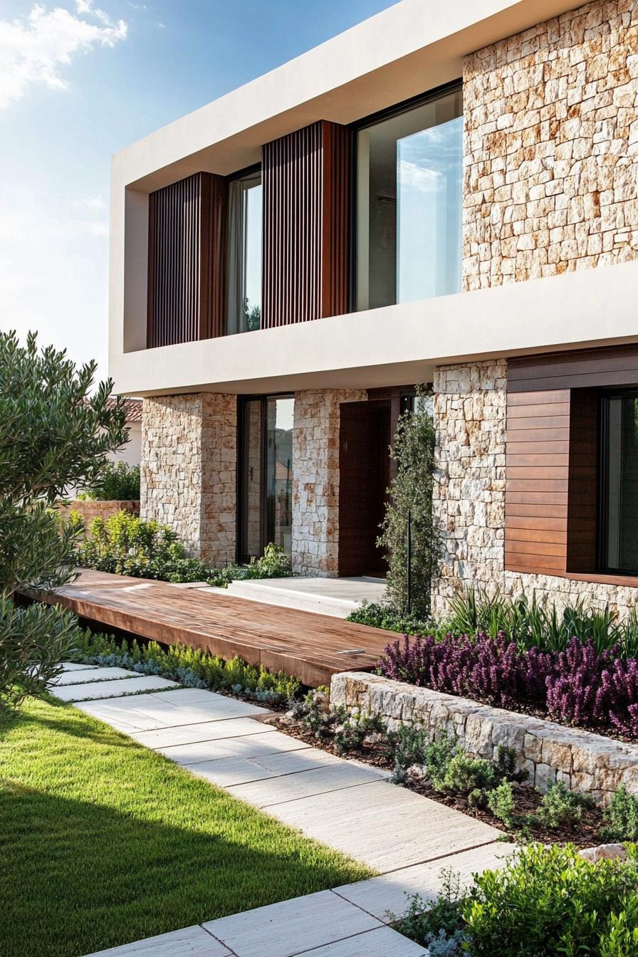 modern terrace house facade with rustic stone cladding mediterranean front garden