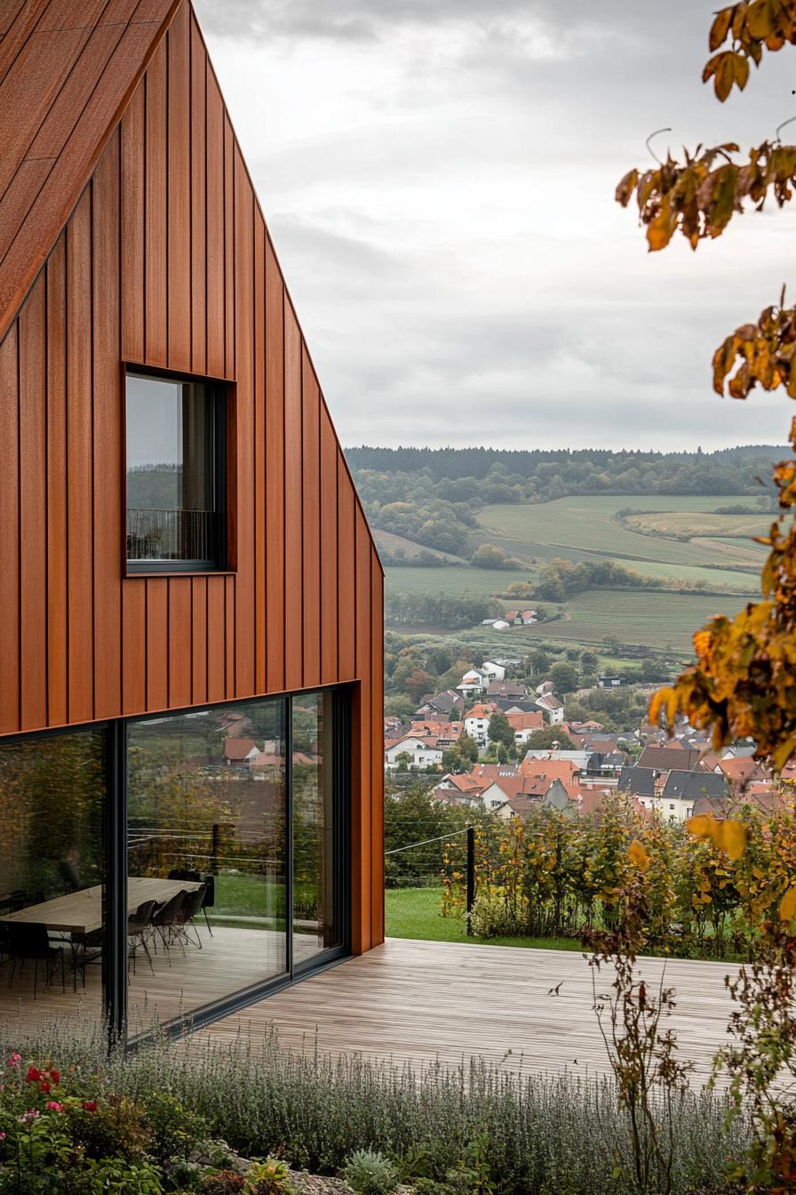 modern timber frame house facade with corten steel elements full house view with a hilly town in the distance 1