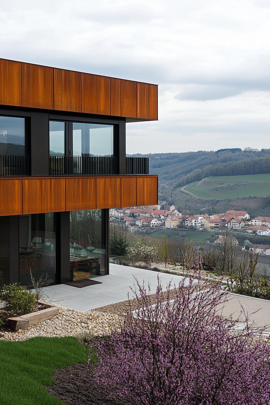 modern timber frame house facade with corten steel elements full house view with a hilly town in the distance 2