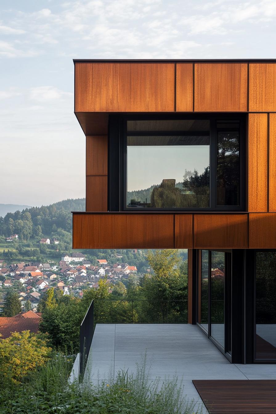 modern timber frame house facade with corten steel elements full house view with a hilly town in the distance 3