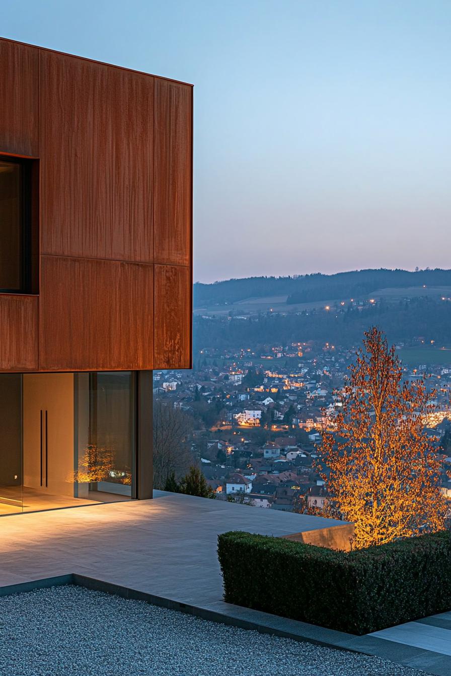 modern timber frame house facade with corten steel elements full house view with a hilly town in the distance