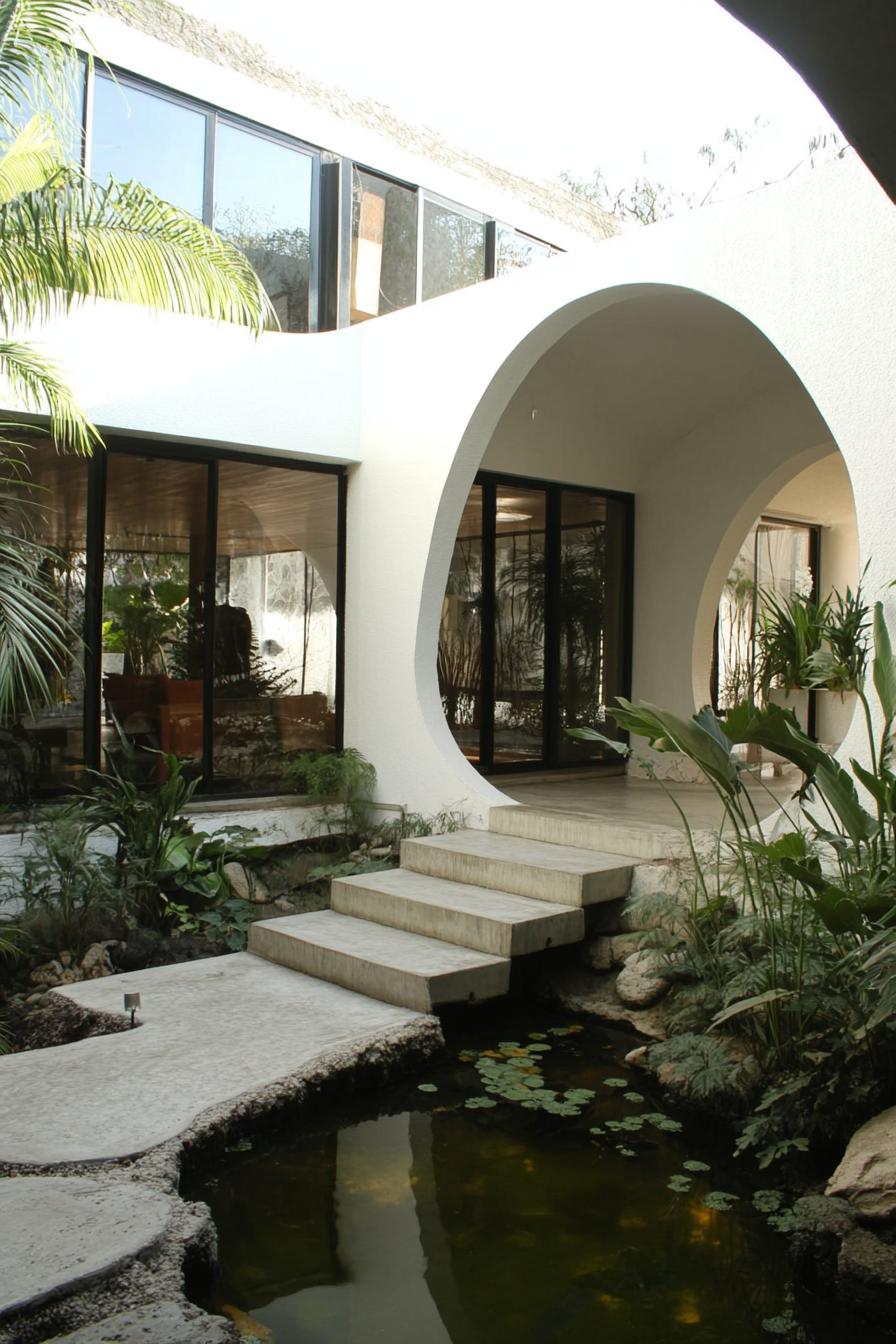 modern tropical house courtyard with large eave and arches large concrete steps in a pond along the wall white facade large modern windows lush 1