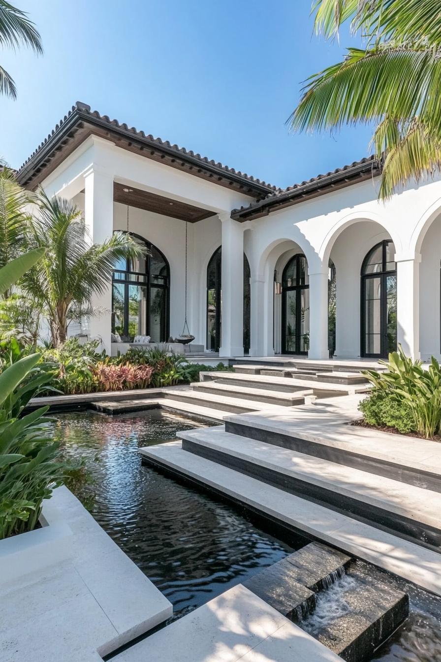 modern tropical house courtyard with large eave and arches large concrete steps in a pond along the wall white facade large modern windows lush 2