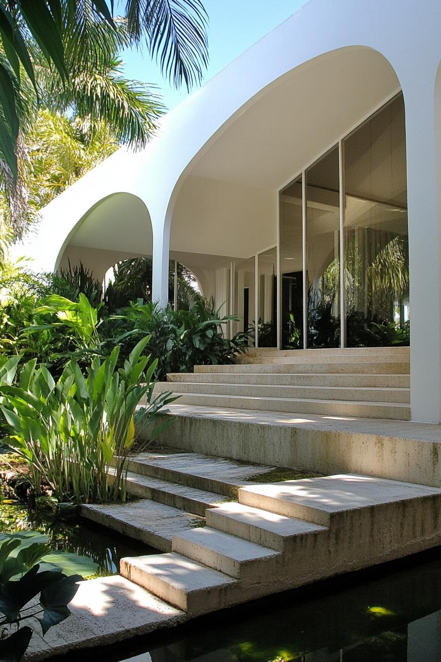 modern tropical house courtyard with large eave and arches large concrete steps in a pond along the wall white facade large modern windows lush 3