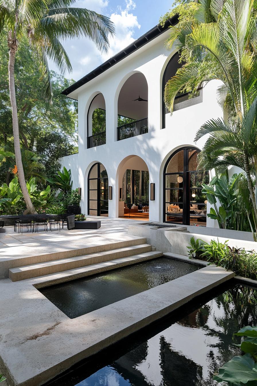 modern tropical house courtyard with large eave and arches large concrete steps in a pond along the wall white facade large modern windows lush