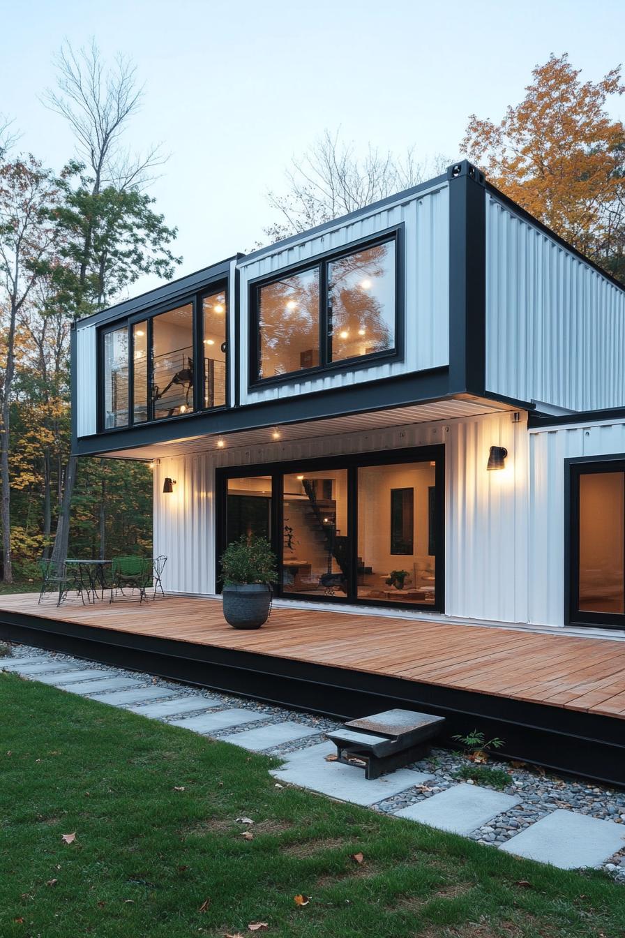 modern white shipping container house with black trim 2